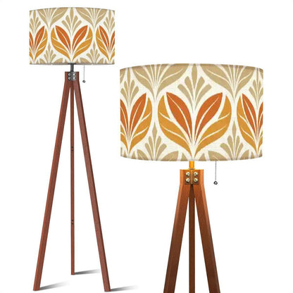 Mid century modern floor lamp wood floor lamp floral beige minimalist lamp for living room orange flower pattern retro design tripod lamp