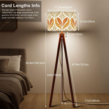 Mid century modern floor lamp wood floor lamp floral beige minimalist lamp for living room orange flower pattern retro design tripod lamp