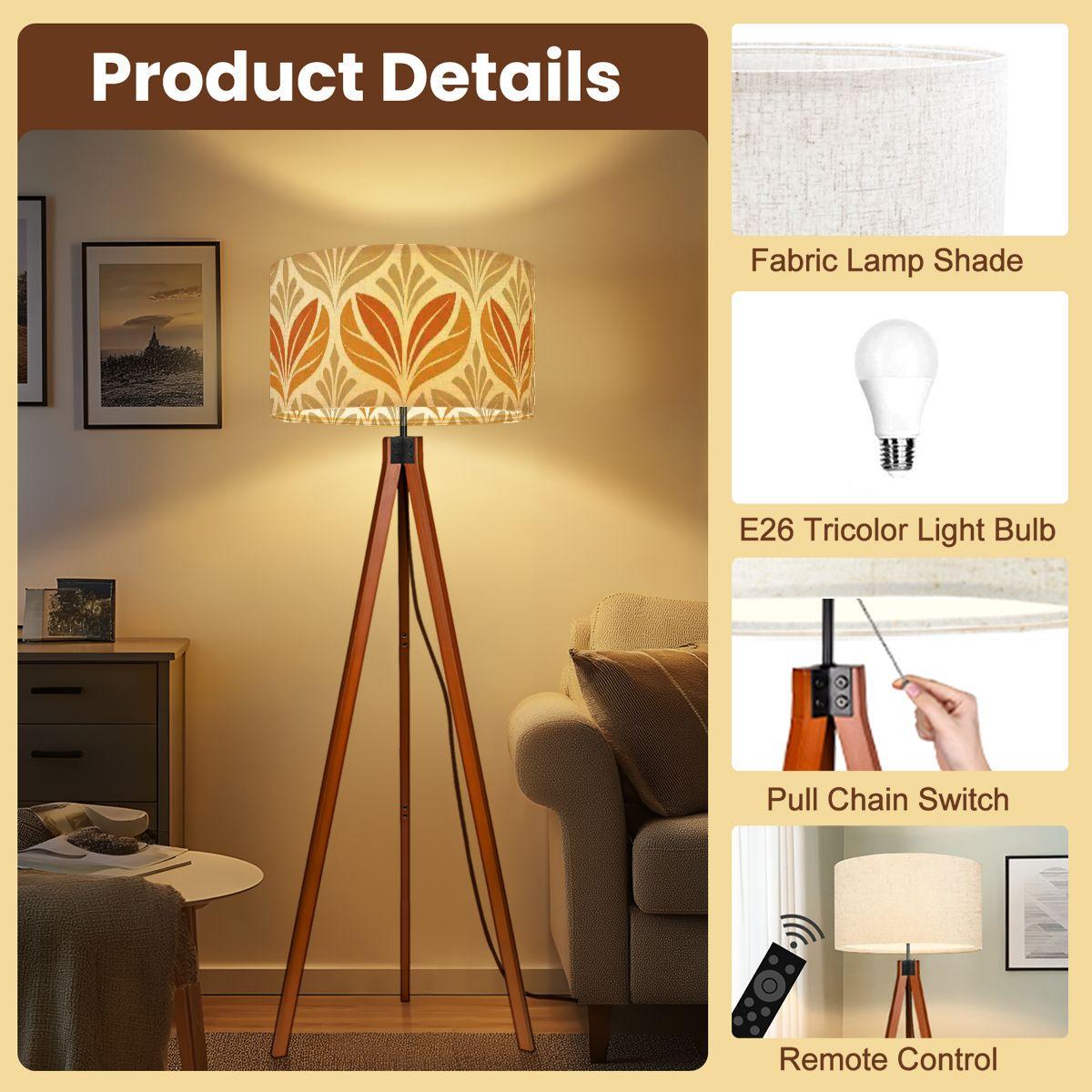 Mid century modern floor lamp wood floor lamp floral beige minimalist lamp for living room orange flower pattern retro design tripod lamp