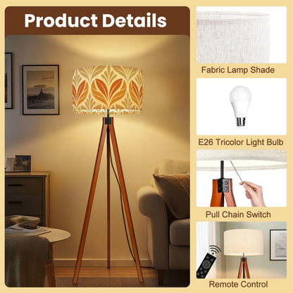 Mid century modern floor lamp wood floor lamp floral beige minimalist lamp for living room orange flower pattern retro design tripod lamp