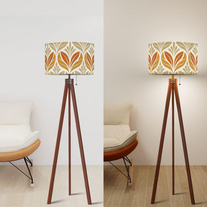 Mid century modern floor lamp wood floor lamp floral beige minimalist lamp for living room orange flower pattern retro design tripod lamp