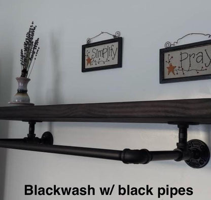 Laundry Room Bar with attached wood shelf, Clothing Rack,  Drying bar, closet clothes rack, metal pipe clothes bar