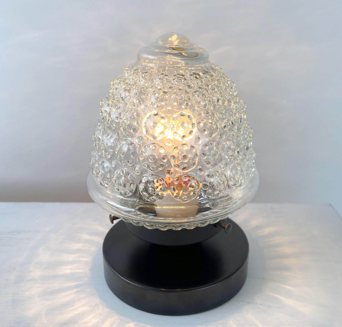 Antique Glass Acorn Table Lamp with Black Metal Stand