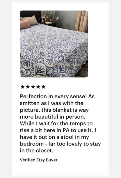 Blue Ginkgo Muslin Bed Blanket, 100% Turkish Cotton King Size Bedspread, Lightweight Reversible Gauze Blanket, Boho Bedding