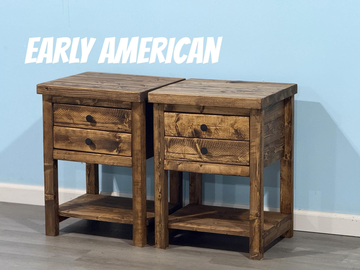 Rustic Solid Wood Nightstand with 2 Drawers and Shelf : Country Style