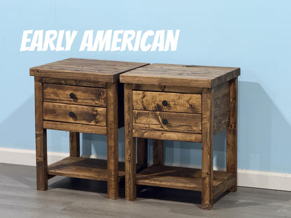Rustic Solid Wood Nightstand with 2 Drawers and Shelf : Country Style