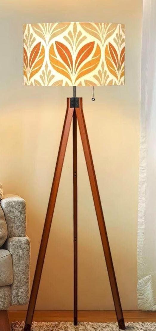 Mid century modern floor lamp wood floor lamp floral beige minimalist lamp for living room orange flower pattern retro design tripod lamp