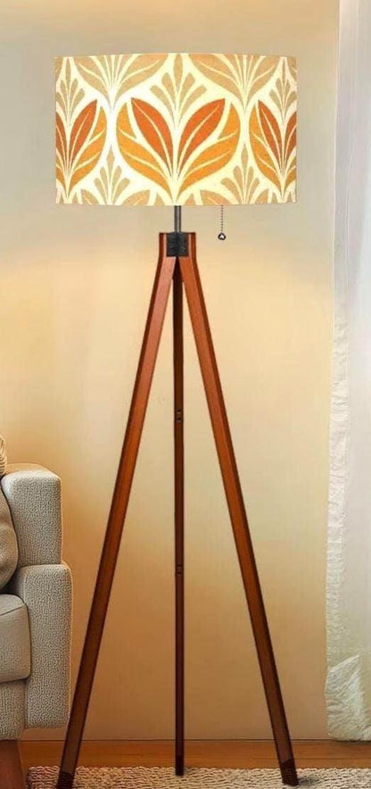 Mid century modern floor lamp wood floor lamp floral beige minimalist lamp for living room orange flower pattern retro design tripod lamp