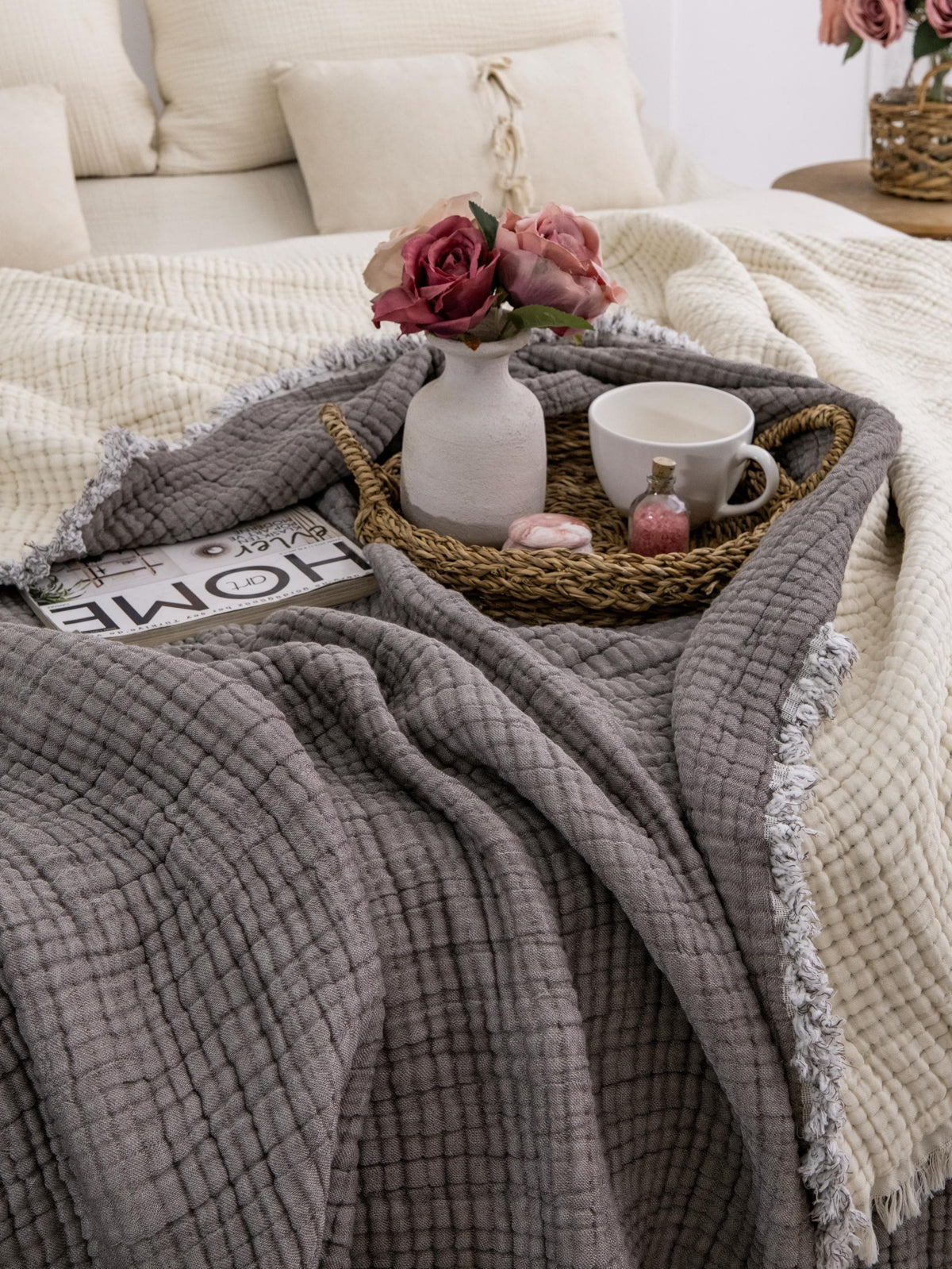 King Size Turkish Cotton Thick Muslin Comforter: 8-Layer Extra Soft Quilt