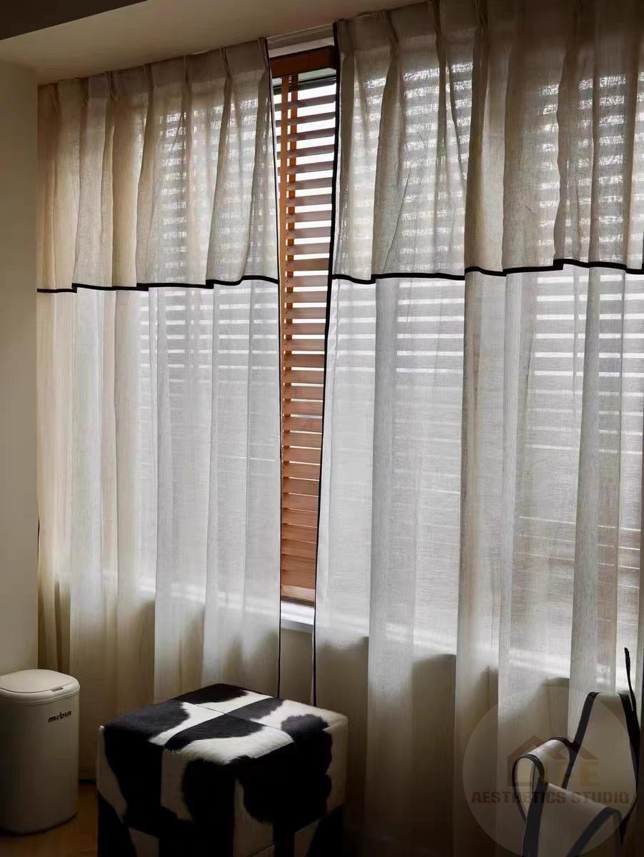 Custom Black Border Valance Curtains ,Handmade Sheer Linen Curtains For Livingroom Bedroom