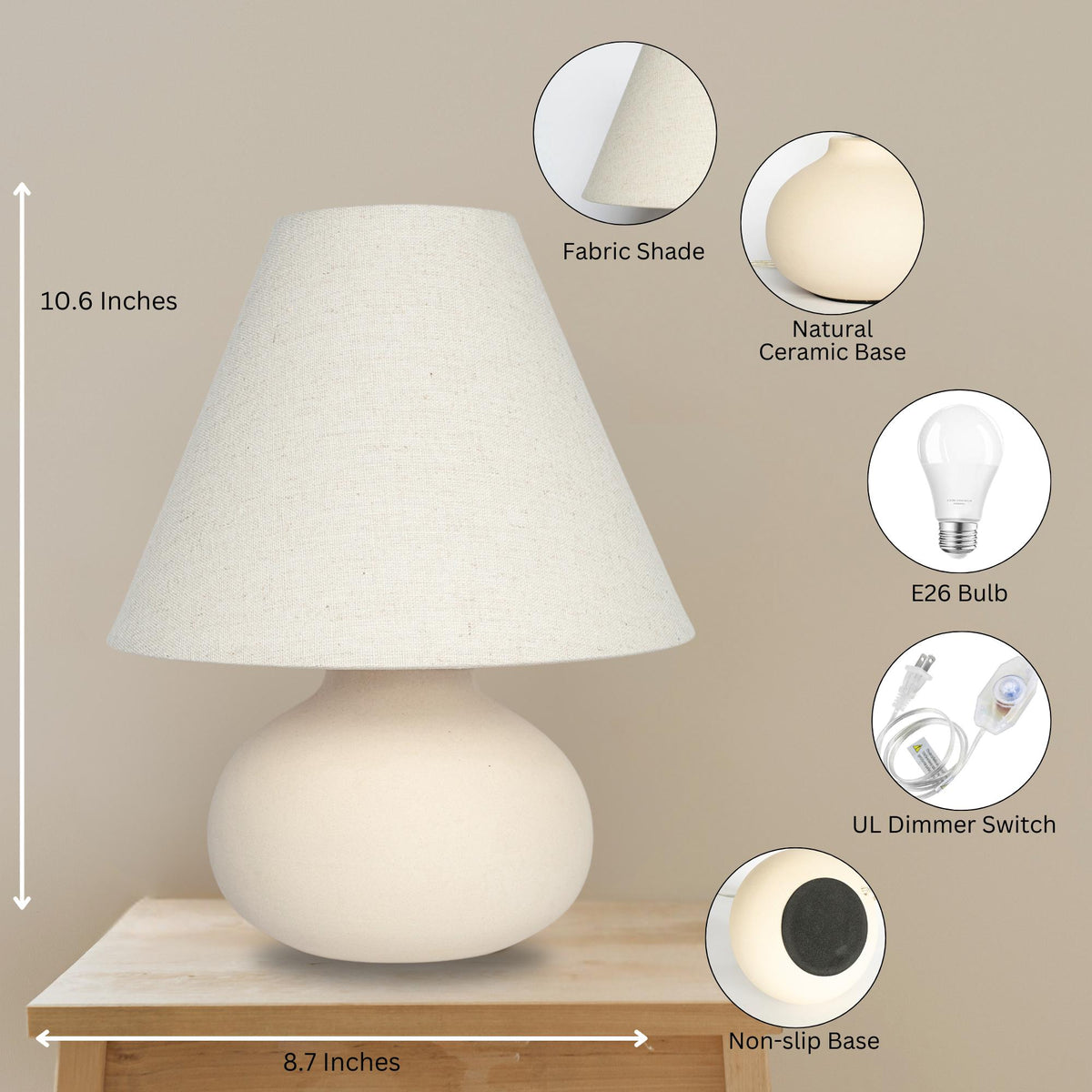 Small Cream Ceramic Table Lamp with Fabric Shade & Dimmable Light