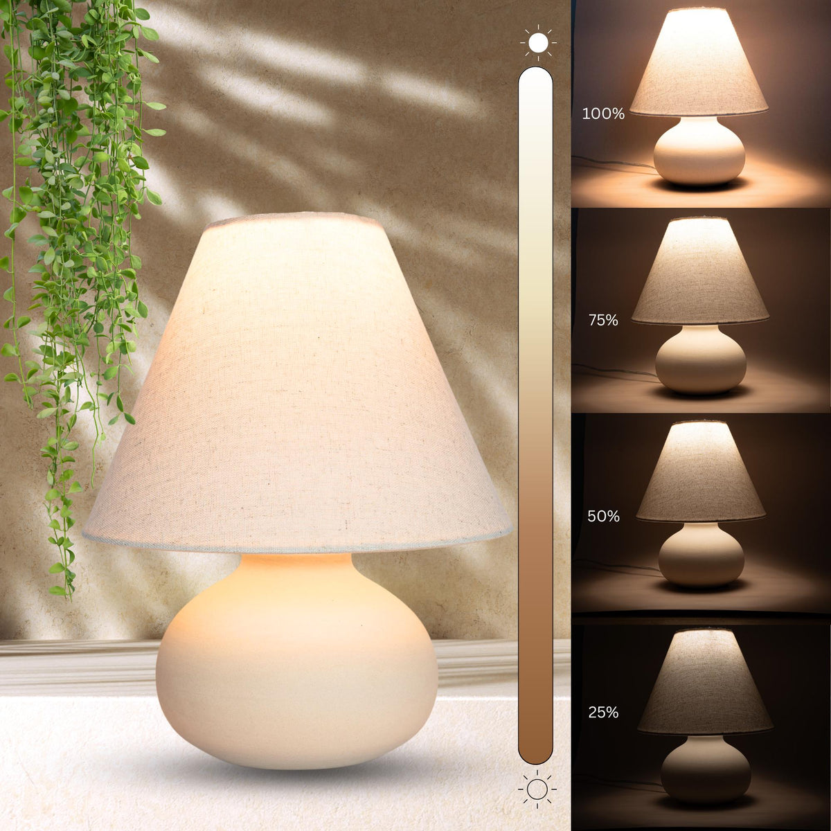 Small Cream Ceramic Table Lamp with Fabric Shade & Dimmable Light