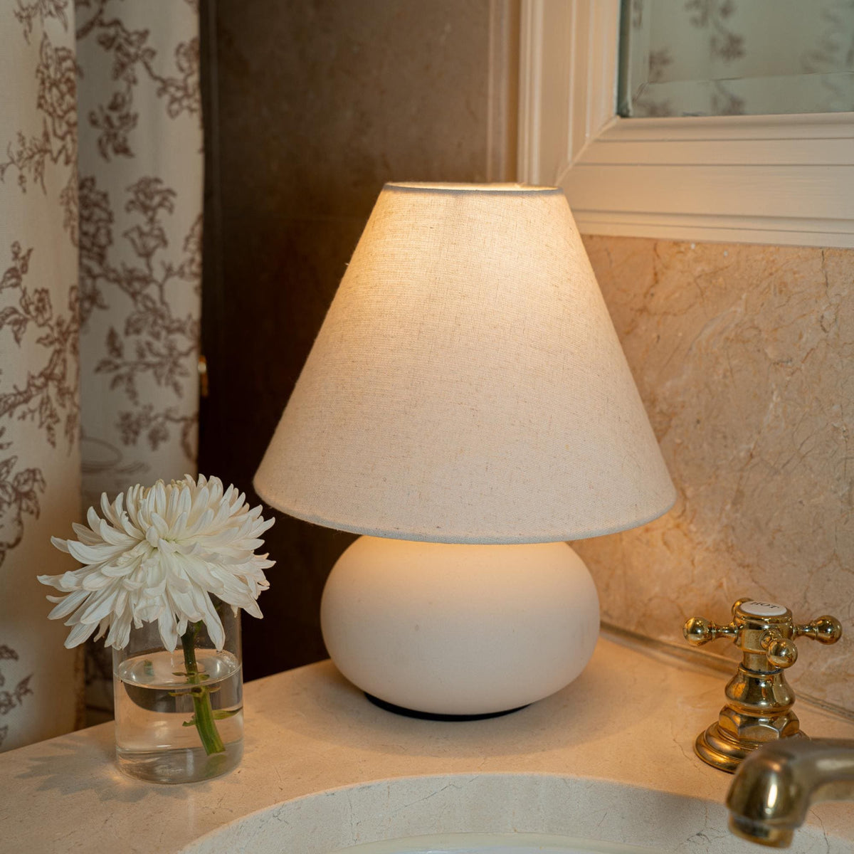 Small Cream Ceramic Table Lamp with Fabric Shade & Dimmable Light