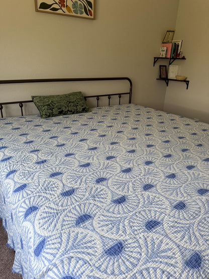 Blue Ginkgo Muslin Bed Blanket, 100% Turkish Cotton King Size Bedspread, Lightweight Reversible Gauze Blanket, Boho Bedding