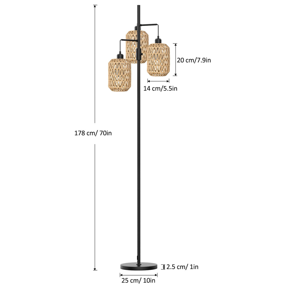 Boho Floor Lamp with 3 Bulbs - Rattan Shade, Rotary Switch