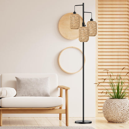 Boho Floor Lamp with 3 Bulbs - Rattan Shade, Rotary Switch