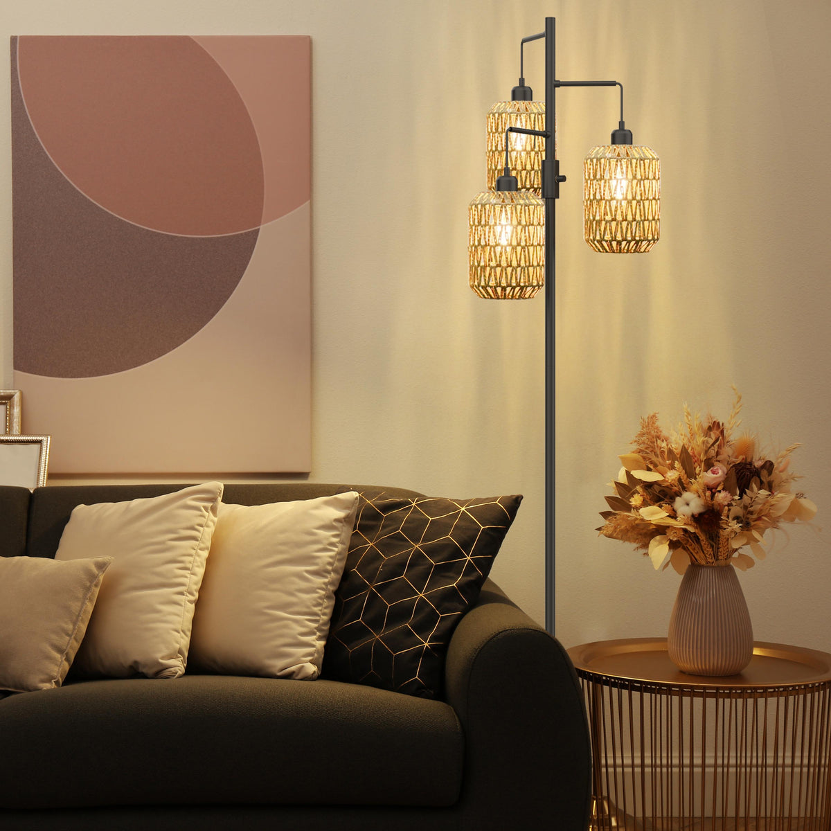Boho Floor Lamp with 3 Bulbs - Rattan Shade, Rotary Switch