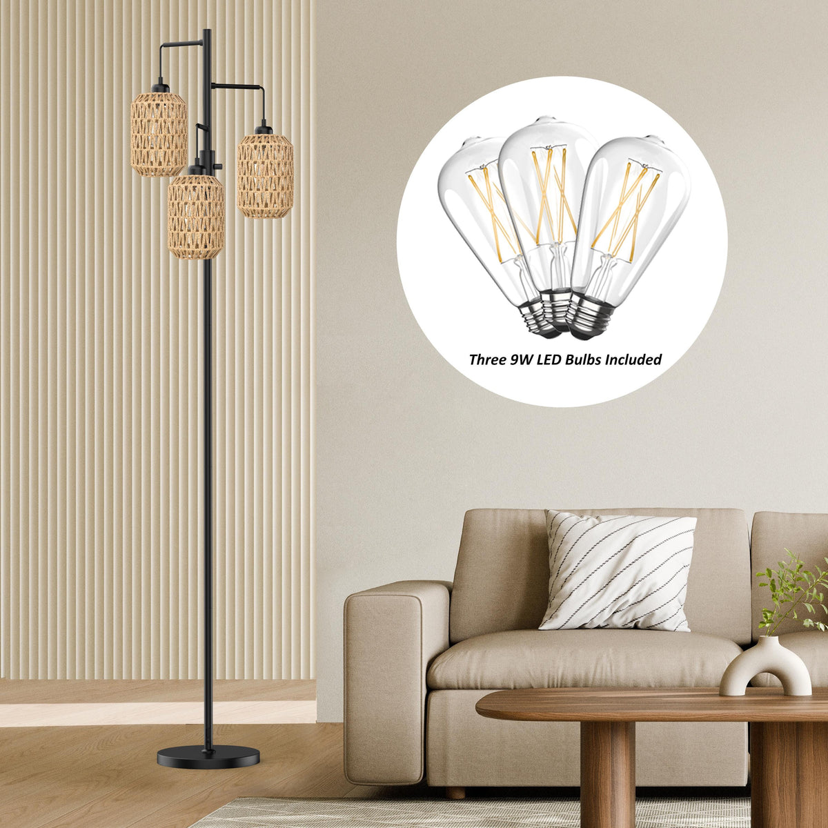 Boho Floor Lamp with 3 Bulbs - Rattan Shade, Rotary Switch
