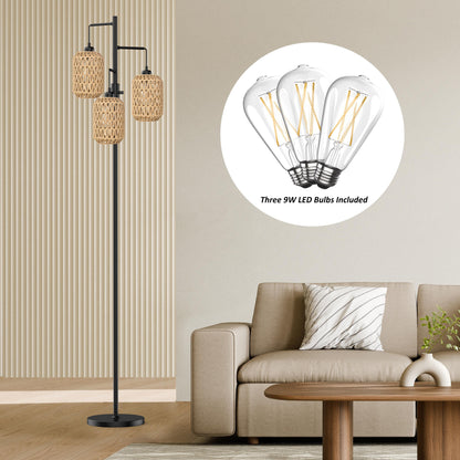 Boho Floor Lamp with 3 Bulbs - Rattan Shade, Rotary Switch