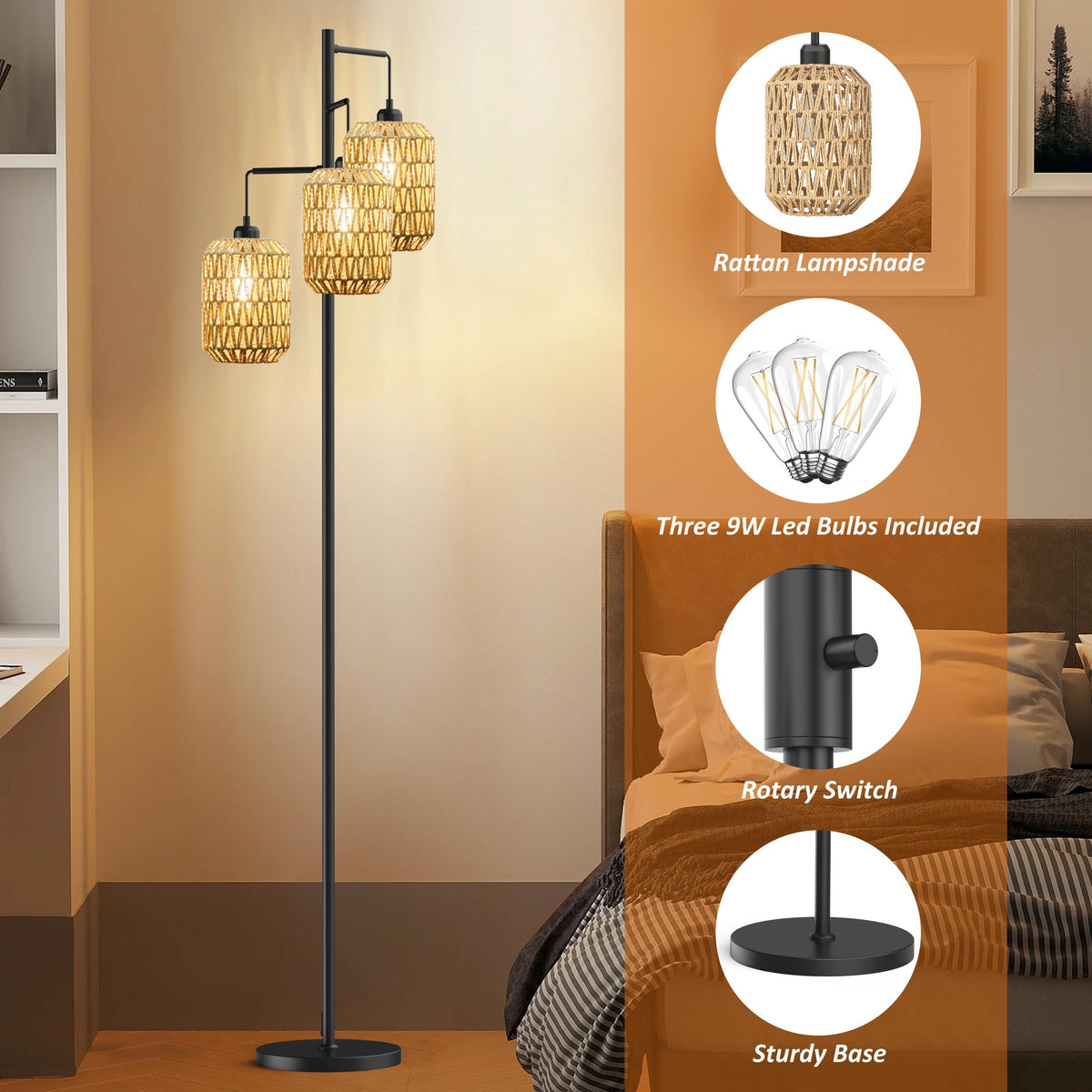 Boho Floor Lamp with 3 Bulbs - Rattan Shade, Rotary Switch