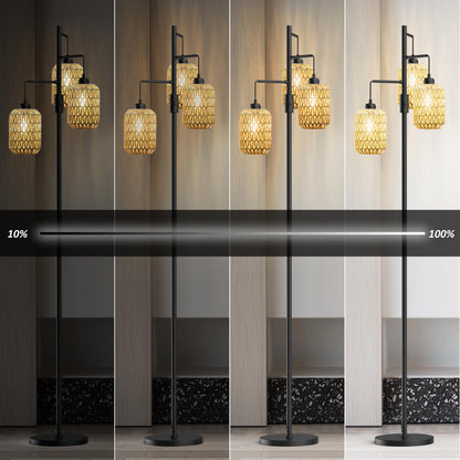 Boho Floor Lamp with 3 Bulbs - Rattan Shade, Rotary Switch