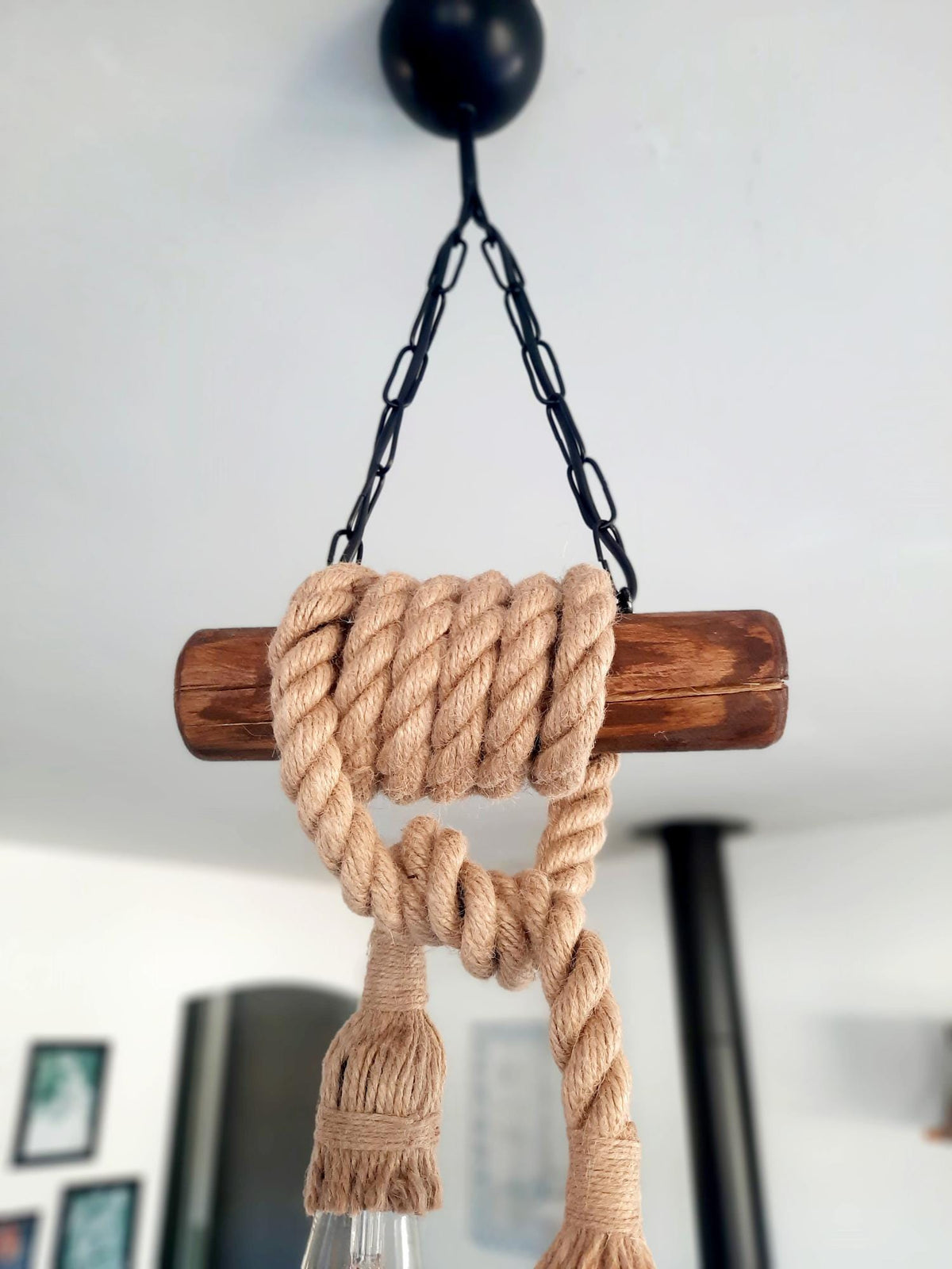 Rustic Wood & Rope Pendant Light with 2 E27 Bulbs