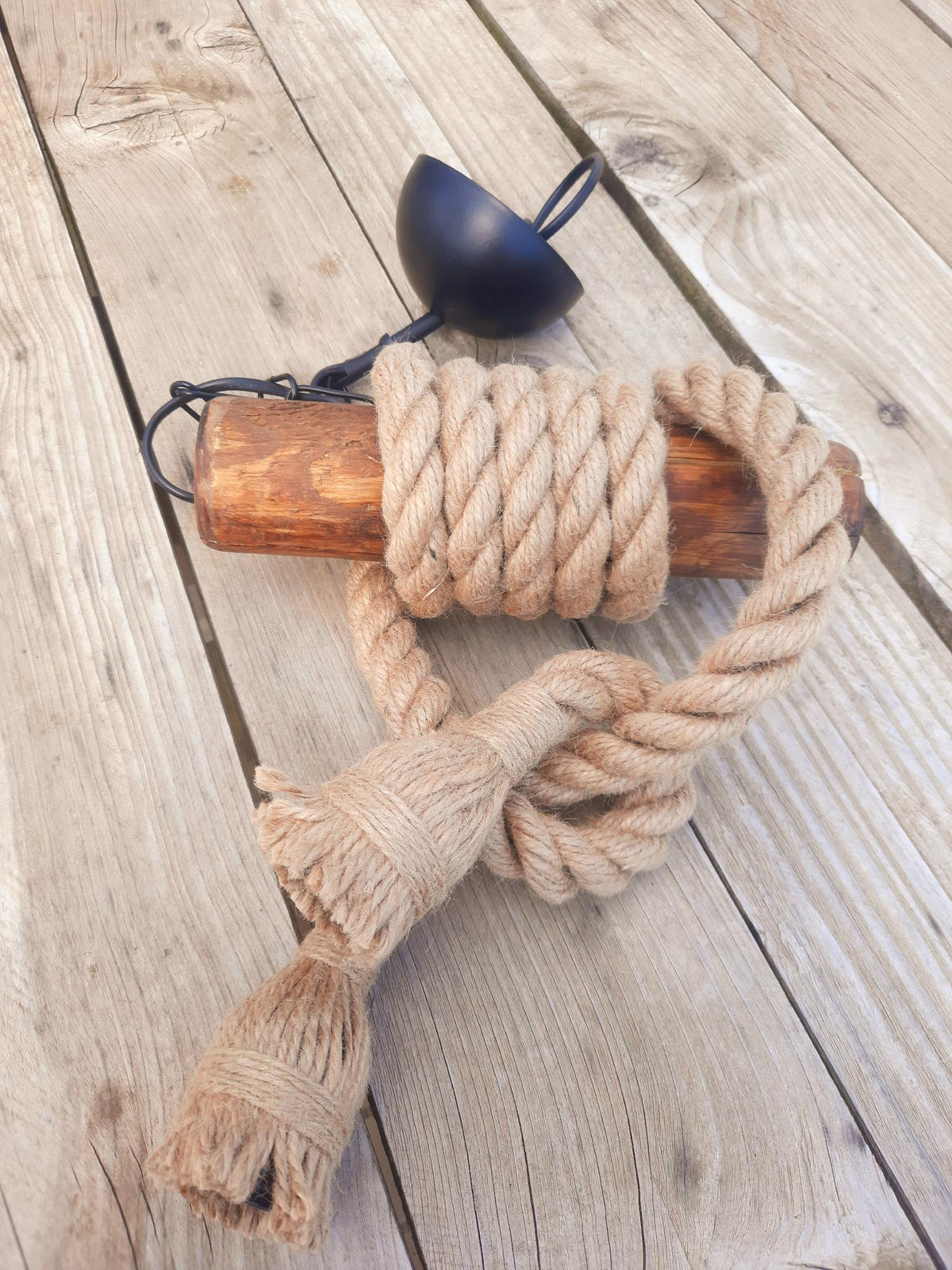 Rustic Wood & Rope Pendant Light with 2 E27 Bulbs