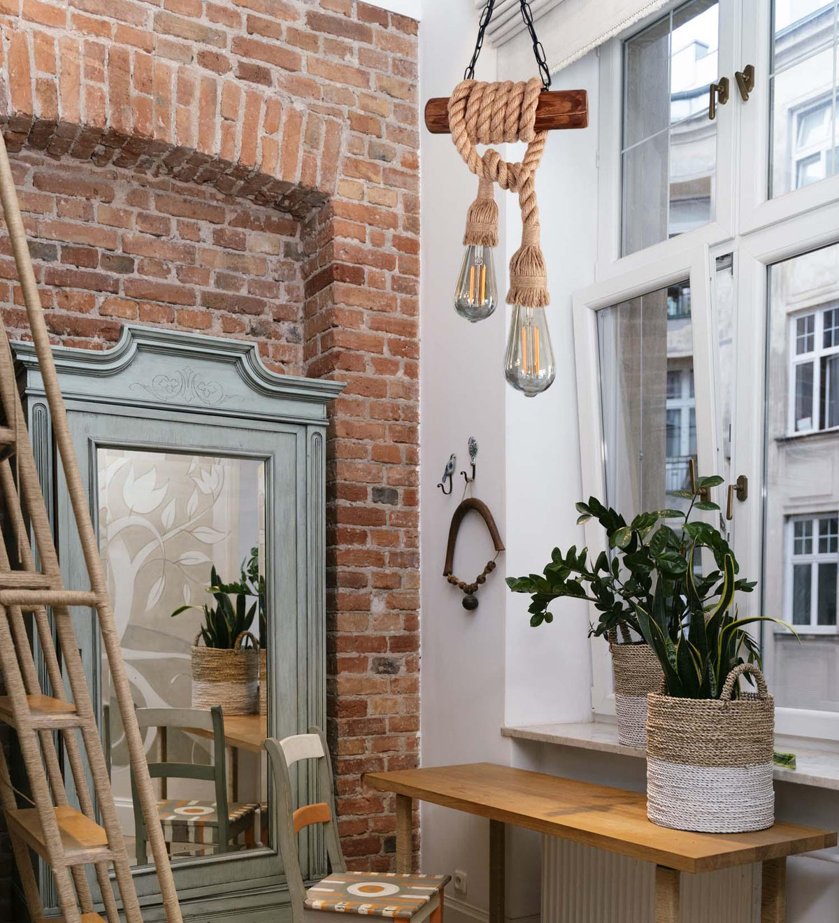 Rustic Wood & Rope Pendant Light with 2 E27 Bulbs