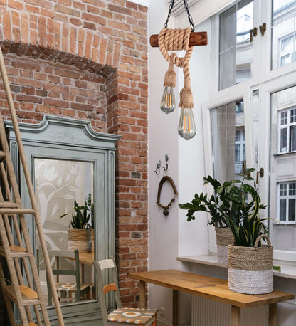 Rustic Wood & Rope Pendant Light with 2 E27 Bulbs
