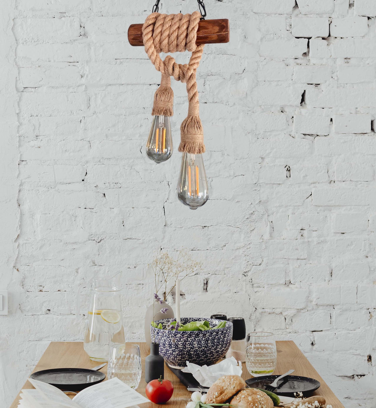 Rustic Wood & Rope Pendant Light with 2 E27 Bulbs