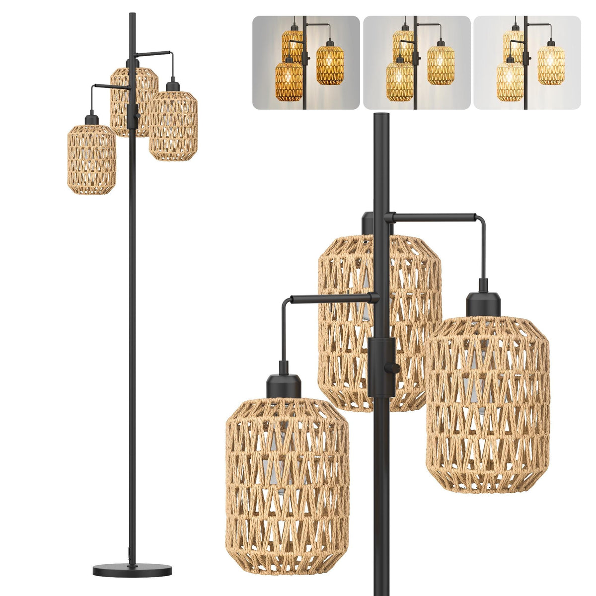 Boho Floor Lamp with 3 Bulbs - Rattan Shade, Rotary Switch