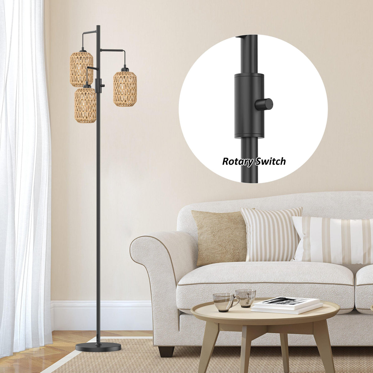 Boho Floor Lamp with 3 Bulbs - Rattan Shade, Rotary Switch