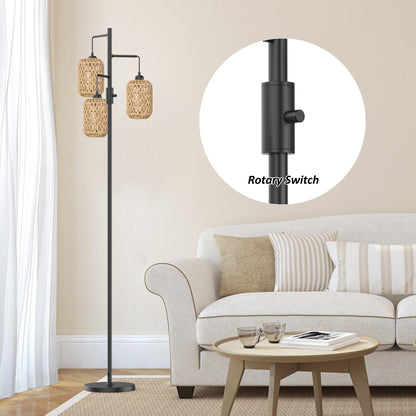 Boho Floor Lamp with 3 Bulbs - Rattan Shade, Rotary Switch