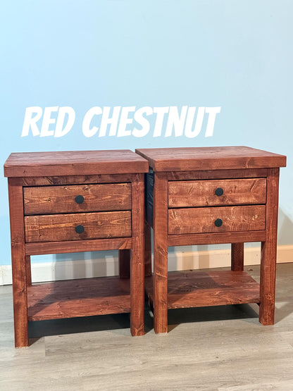 Rustic Solid Wood Nightstand with 2 Drawers and Shelf : Country Style
