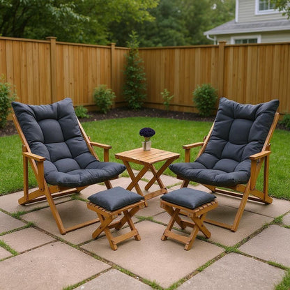 Cozy Wooden Patio Set with Cushions, Folding Garden Lounge Chairs with Footstools and Coffee Table, Outdoor Wooden Lounge Chair Set, Sunbed