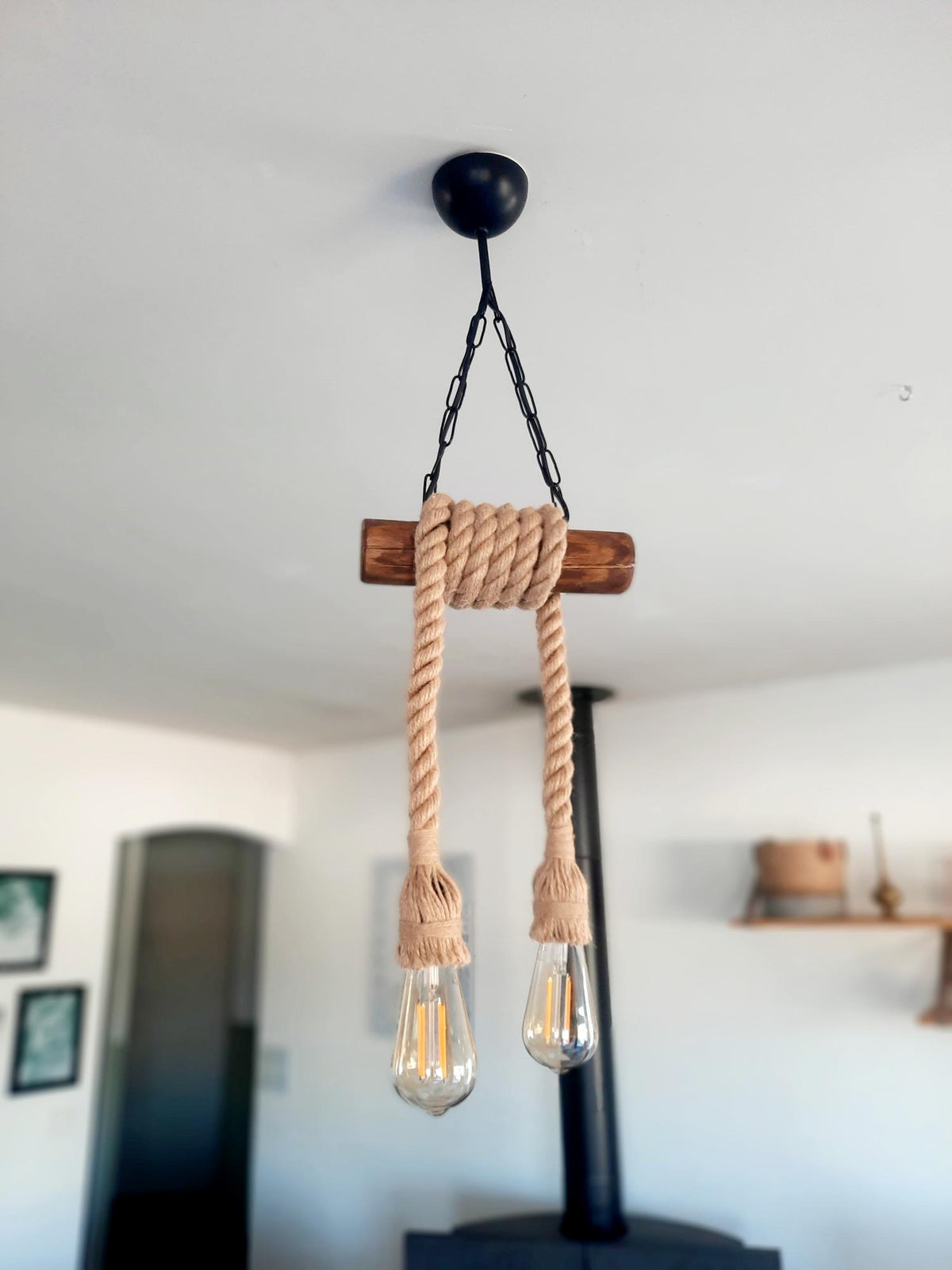 Rustic Wood & Rope Pendant Light with 2 E27 Bulbs