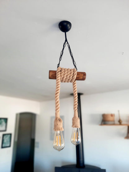 Rustic Wood & Rope Pendant Light with 2 E27 Bulbs