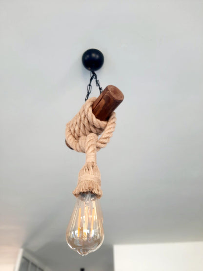 Rustic Wood & Rope Pendant Light with 2 E27 Bulbs