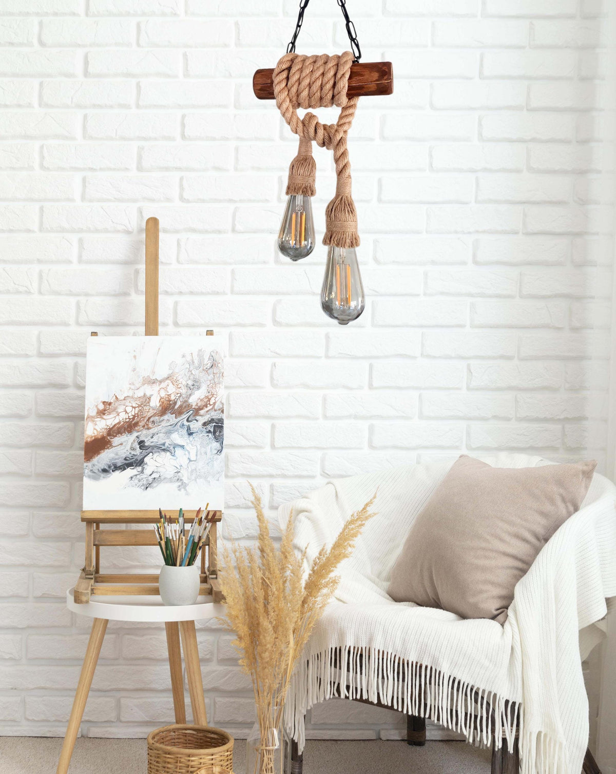 Rustic Wood & Rope Pendant Light with 2 E27 Bulbs