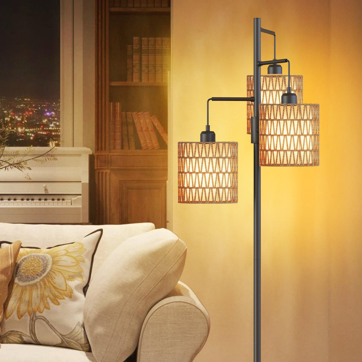 Boho 3-Light Floor Lamp with Rattan & Linen Shades | Dimmable Standing Lamp, Rotary Switch | Cozy Living Room Ambient Lamp