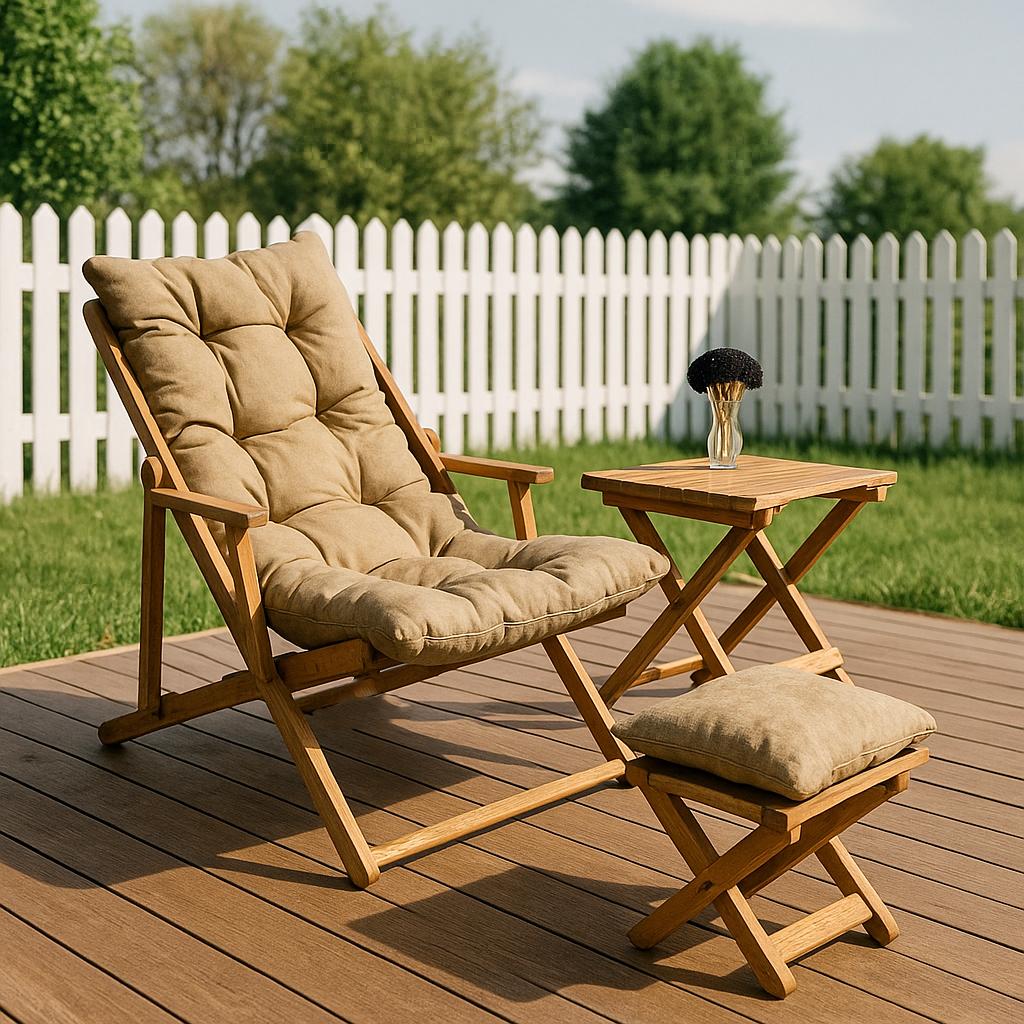 Cozy Wooden Patio Set with Cushions, Folding Garden Lounge Chairs with Footstools and Coffee Table, Outdoor Wooden Lounge Chair Set, Sunbed