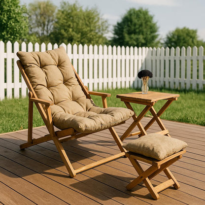 Cozy Wooden Patio Set with Cushions, Folding Garden Lounge Chairs with Footstools and Coffee Table, Outdoor Wooden Lounge Chair Set, Sunbed