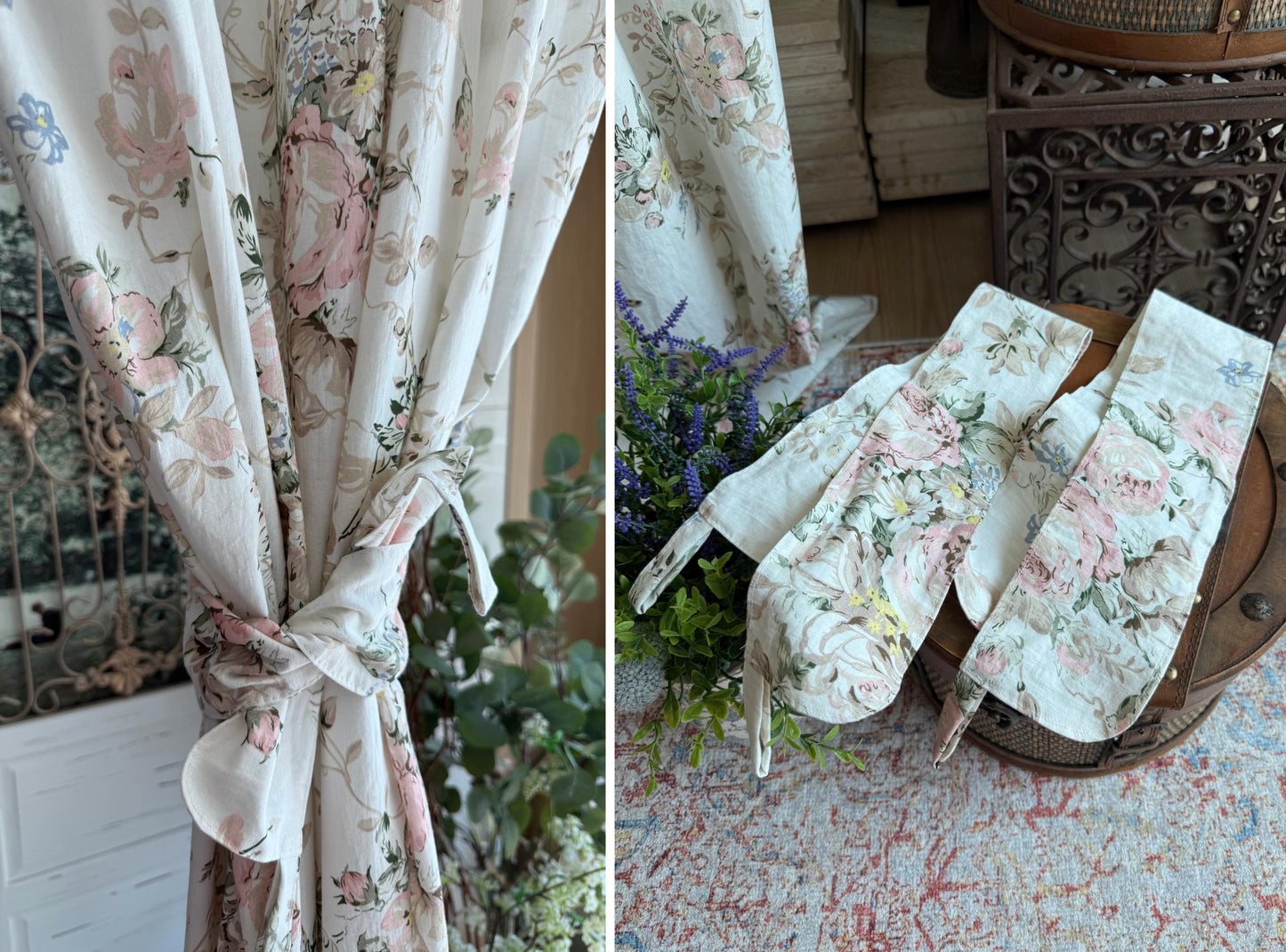 Vintage Floral Linen Cotton Curtains, French Country Rose Drapes Set of 2