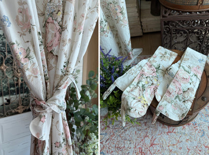 Vintage Floral Linen Cotton Curtains, French Country Rose Drapes Set of 2