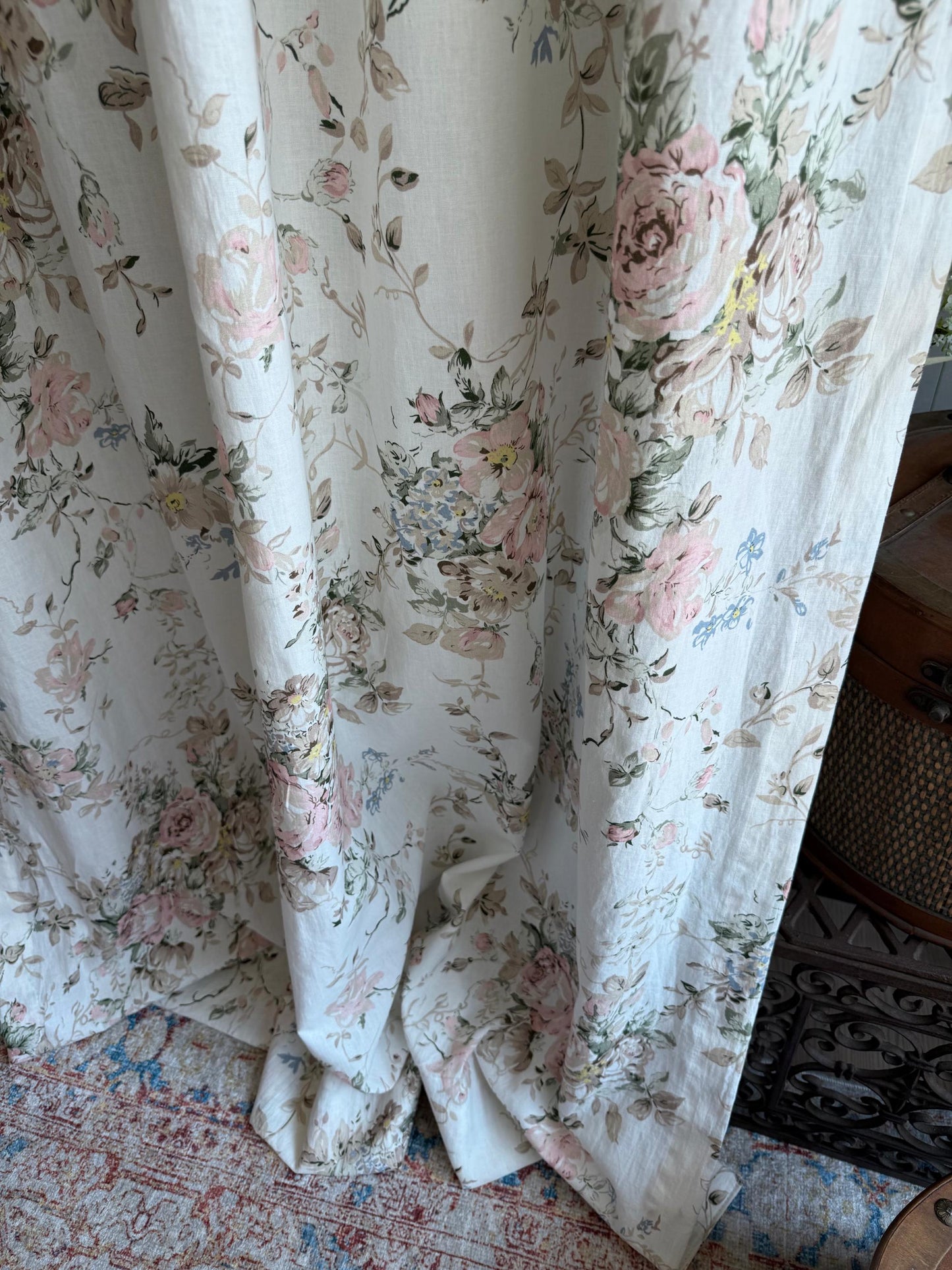 Vintage Floral Linen Cotton Curtains, French Country Rose Drapes Set of 2