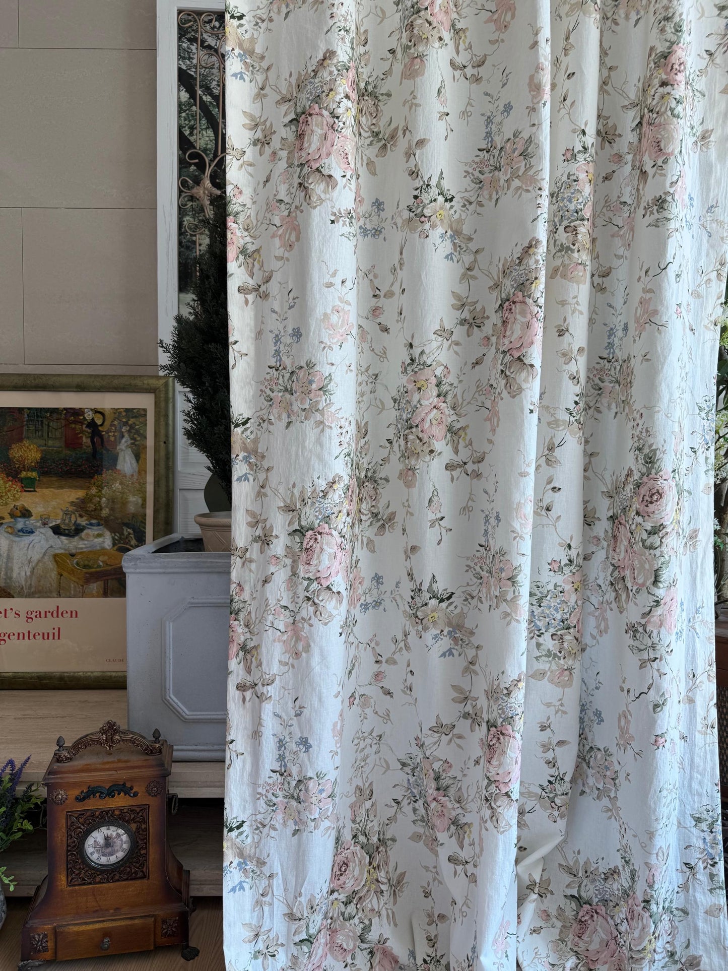 Vintage Floral Linen Cotton Curtains, French Country Rose Drapes Set of 2