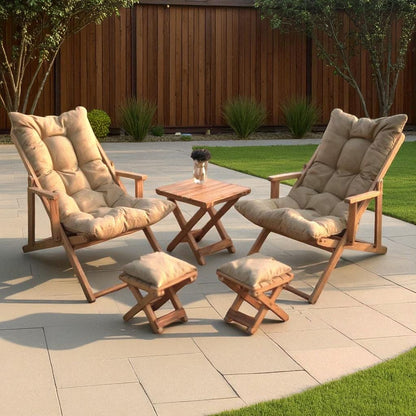 Cozy Wooden Patio Set with Cushions, Folding Garden Lounge Chairs with Footstools and Coffee Table, Outdoor Wooden Lounge Chair Set, Sunbed.
