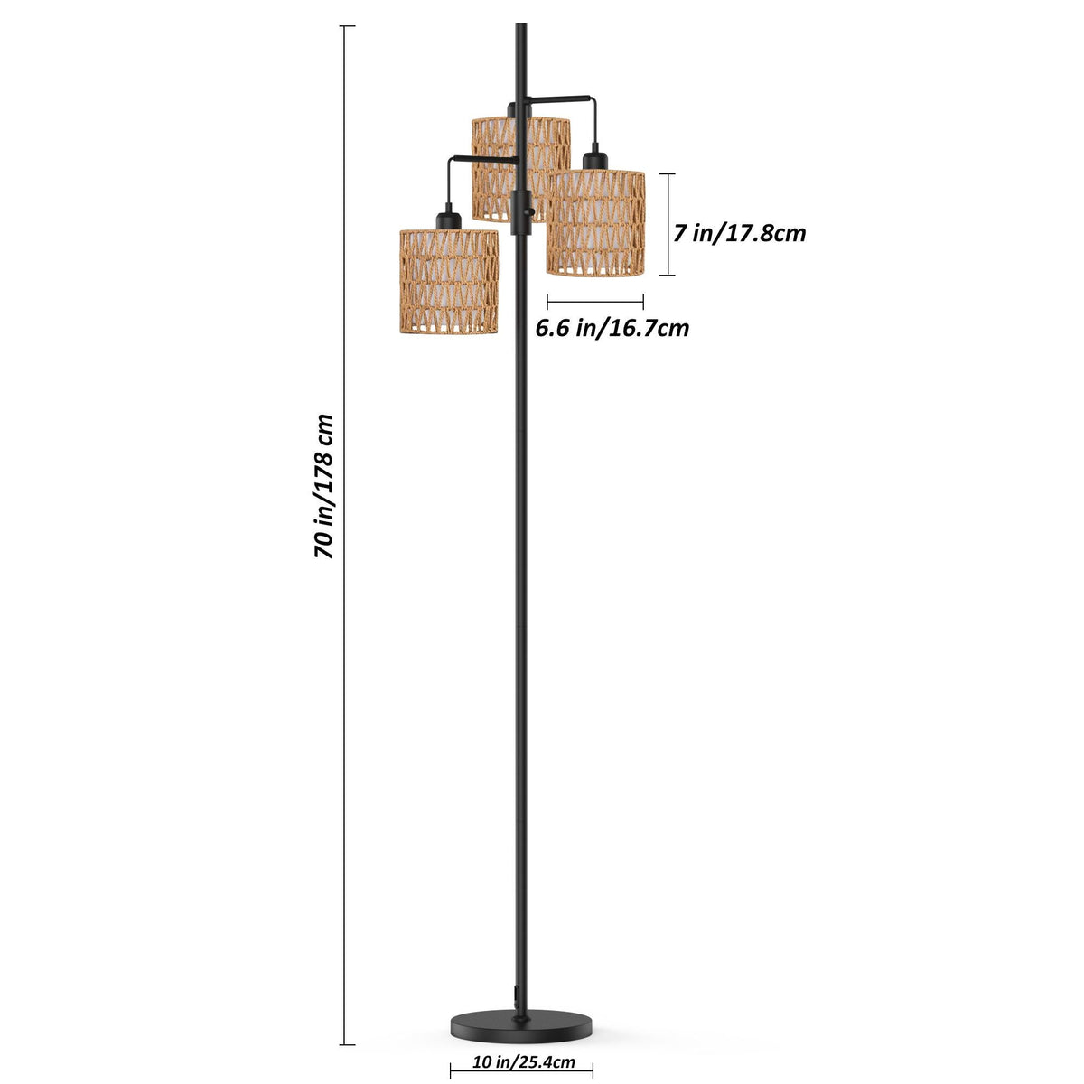 Boho 3-Light Floor Lamp with Rattan & Linen Shades | Dimmable Standing Lamp, Rotary Switch | Cozy Living Room Ambient Lamp
