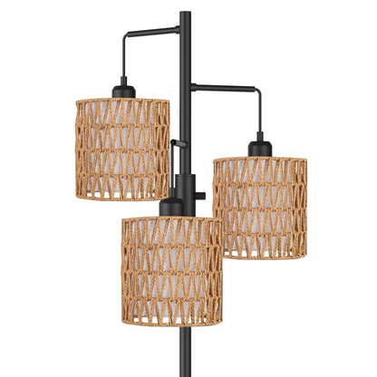 Boho 3-Light Floor Lamp with Rattan & Linen Shades | Dimmable Standing Lamp, Rotary Switch | Cozy Living Room Ambient Lamp