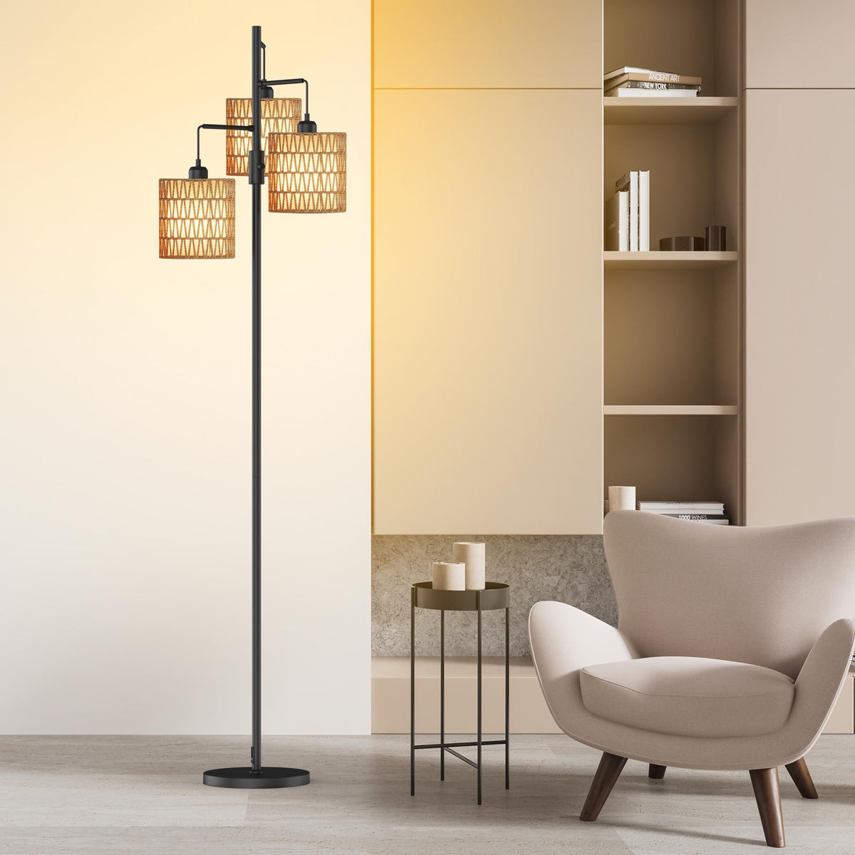 Boho 3-Light Floor Lamp with Rattan & Linen Shades | Dimmable Standing Lamp, Rotary Switch | Cozy Living Room Ambient Lamp